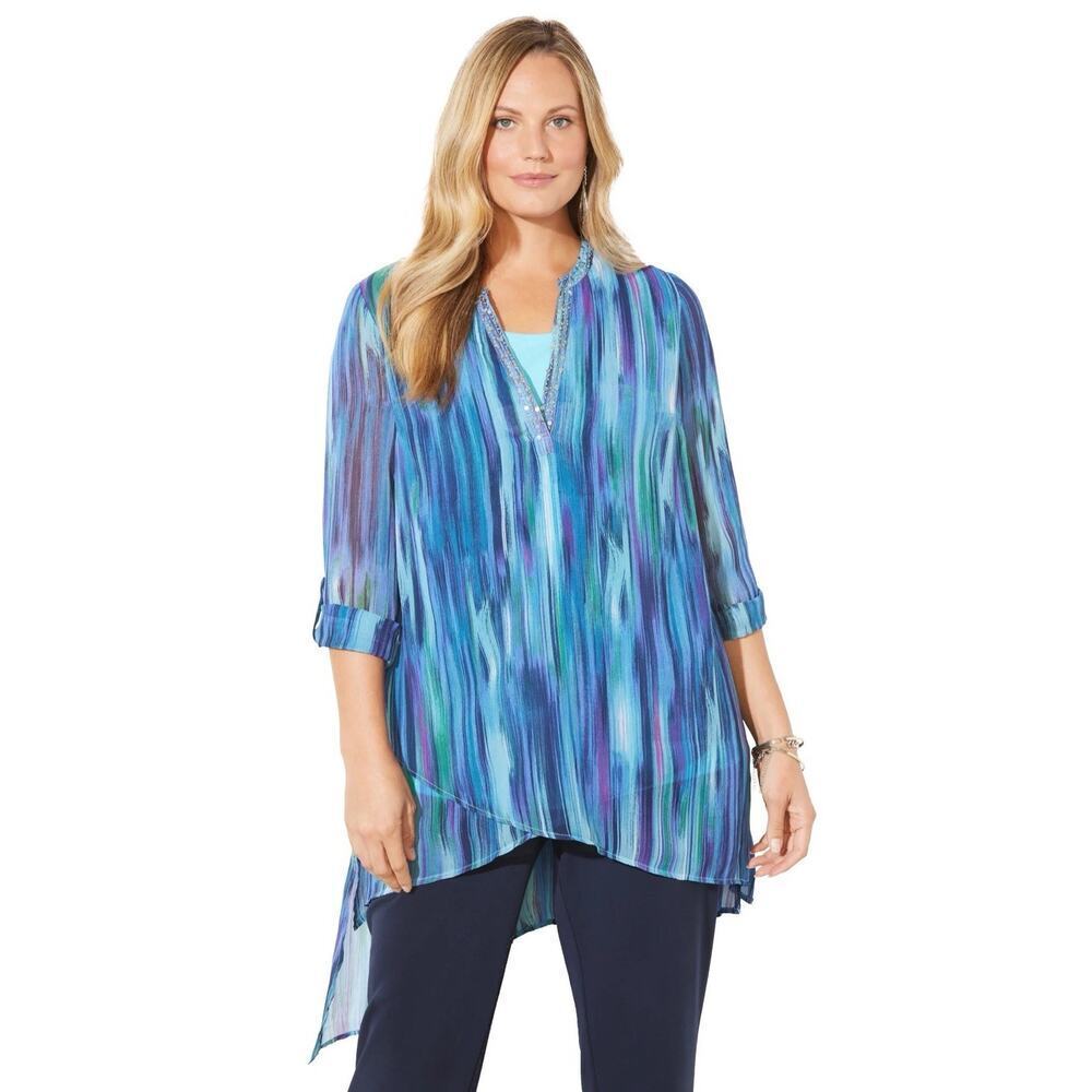 Catherines Blouse 3X Blue Asymmetric Chiffon Embellished 3/4 Sleeve Top